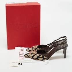 Valentino Brown Iconographe Canvas and Leather VLogo Slingback Pumps Size 39.5