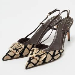 Valentino Brown Iconographe Canvas and Leather VLogo Slingback Pumps Size 39.5