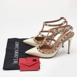 Valentino Off White/Beige Patent and Leather Rockstud Caged Pumps Size 38.5