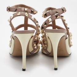 Valentino Off White/Beige Patent and Leather Rockstud Caged Pumps Size 38.5