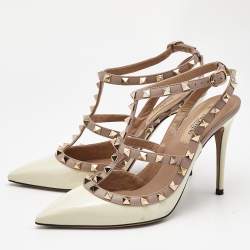 Valentino Off White/Beige Patent and Leather Rockstud Caged Pumps Size 38.5