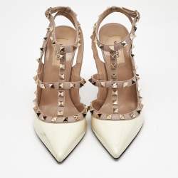 Valentino Off White/Beige Patent and Leather Rockstud Caged Pumps Size 38.5