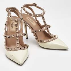 Valentino Off White/Beige Patent and Leather Rockstud Caged Pumps Size 38.5