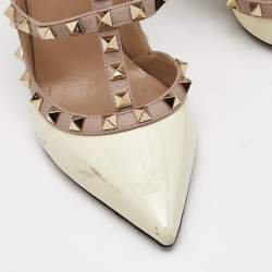 Valentino Off White/Beige Patent and Leather Rockstud Caged Pumps Size 38.5