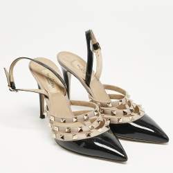 Valentino Black/Dusty Pink Leather Rockstud Caged Slingback Pumps Size 38,5