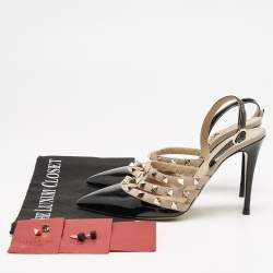 Valentino Black/Dusty Pink Leather Rockstud Caged Slingback Pumps Size 38,5