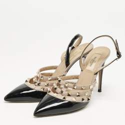 Valentino Black/Dusty Pink Leather Rockstud Caged Slingback Pumps Size 38,5