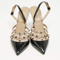 Valentino Black/Dusty Pink Leather Rockstud Caged Slingback Pumps Size 38,5