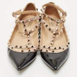 Valentino Black/Beige Patent Leather Rockstud Caged Ballet Flats Size 41.5