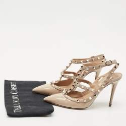 Pre Owned Valentino Beige Patent Leather and Leather Rockstud Caged Ankle Strap Pumps Size 38.5