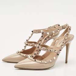 Pre Owned Valentino Beige Patent Leather and Leather Rockstud Caged Ankle Strap Pumps Size 38.5