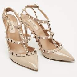 Pre Owned Valentino Beige Patent Leather and Leather Rockstud Caged Ankle Strap Pumps Size 38.5