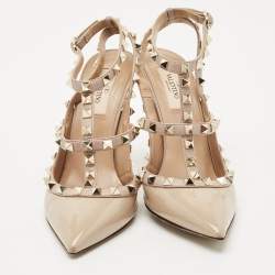 Pre Owned Valentino Beige Patent Leather and Leather Rockstud Caged Ankle Strap Pumps Size 38.5