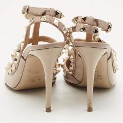 Pre Owned Valentino Beige Patent Leather and Leather Rockstud Caged Ankle Strap Pumps Size 38.5