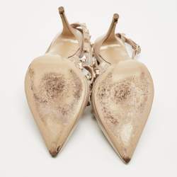 Pre Owned Valentino Beige Patent Leather and Leather Rockstud Caged Ankle Strap Pumps Size 38.5