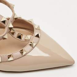 Pre Owned Valentino Beige Patent Leather and Leather Rockstud Caged Ankle Strap Pumps Size 38.5