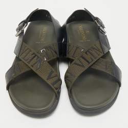 Valentino Black/Green Fabric and Leather VLTN Print Cross Strap Sandals Size 39