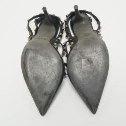 Pre Owned Valentino Black Leather Rockstud Caged Ankle Strap Pumps Size 38