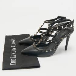 Pre Owned Valentino Black Leather Rockstud Caged Ankle Strap Pumps Size 38