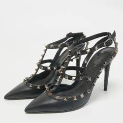 Pre Owned Valentino Black Leather Rockstud Caged Ankle Strap Pumps Size 38