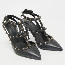 Pre Owned Valentino Black Leather Rockstud Caged Ankle Strap Pumps Size 38