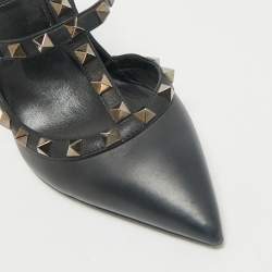 Pre Owned Valentino Black Leather Rockstud Caged Ankle Strap Pumps Size 38