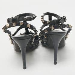 Pre Owned Valentino Black Leather Rockstud Caged Ankle Strap Pumps Size 38