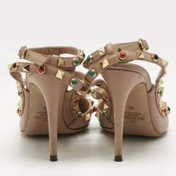 Pre Owned Valentino Beige Leather Rockstud Caged Ankle Strap Pumps Size 38