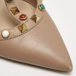 Pre Owned Valentino Beige Leather Rockstud Caged Ankle Strap Pumps Size 38
