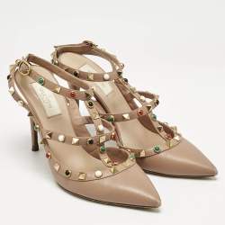 Pre Owned Valentino Beige Leather Rockstud Caged Ankle Strap Pumps Size 38