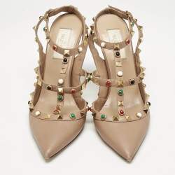 Pre Owned Valentino Beige Leather Rockstud Caged Ankle Strap Pumps Size 38