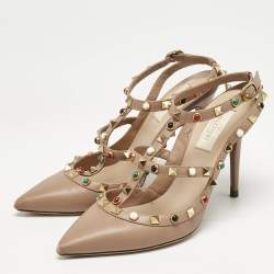 Pre Owned Valentino Beige Leather Rockstud Caged Ankle Strap Pumps Size 38