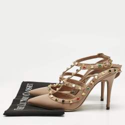 Pre Owned Valentino Beige Leather Rockstud Caged Ankle Strap Pumps Size 38