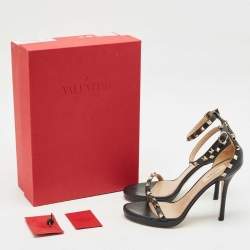 Pre Owned Valentino Black Leather Rockstud Ankle Strap Sandals Size 38.5