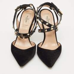 Valentino Black Velvet and Leather Rockstud Ankle Wrap Slingback Pumps Size 36.5
