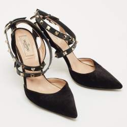 Valentino Black Velvet and Leather Rockstud Ankle Wrap Slingback Pumps Size 36.5