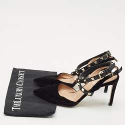 Valentino Black Velvet and Leather Rockstud Ankle Wrap Slingback Pumps Size 36.5