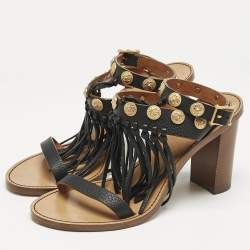 Valentino Black Leather Fringe Studded Ankle Strap Block Heel Sandals Size 39