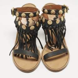 Valentino Black Leather Fringe Studded Ankle Strap Block Heel Sandals Size 39