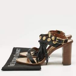 Valentino Black Leather Fringe Studded Ankle Strap Block Heel Sandals Size 39