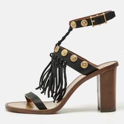 Valentino Black Leather Fringe Studded Ankle Strap Block Heel Sandals Size 39
