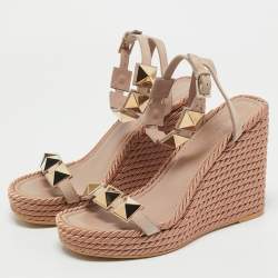 Valentino Beige Suede Roman Stud Platform Wedge Sandals Size 38