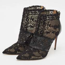 Pre Owned Valentino Black Leather and Lace Fusion Pointed Toe Ankle Length Boots Size 36