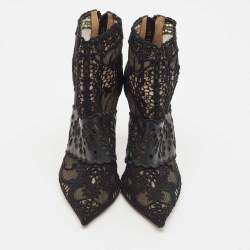 Pre Owned Valentino Black Leather and Lace Fusion Pointed Toe Ankle Length Boots Size 36