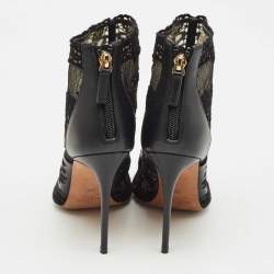 Pre Owned Valentino Black Leather and Lace Fusion Pointed Toe Ankle Length Boots Size 36