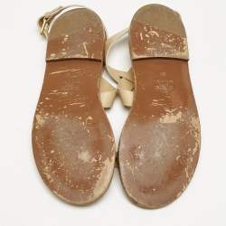 Pre Owned Valentino Beige Leather Metal Floral Embellished Flat Sandals Size 39