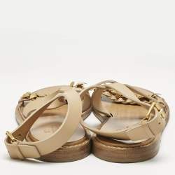 Pre Owned Valentino Beige Leather Metal Floral Embellished Flat Sandals Size 39