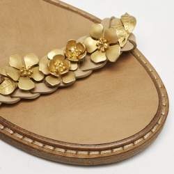 Pre Owned Valentino Beige Leather Metal Floral Embellished Flat Sandals Size 39