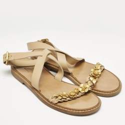 Pre Owned Valentino Beige Leather Metal Floral Embellished Flat Sandals Size 39