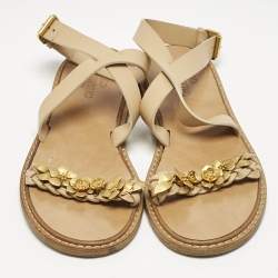 Pre Owned Valentino Beige Leather Metal Floral Embellished Flat Sandals Size 39